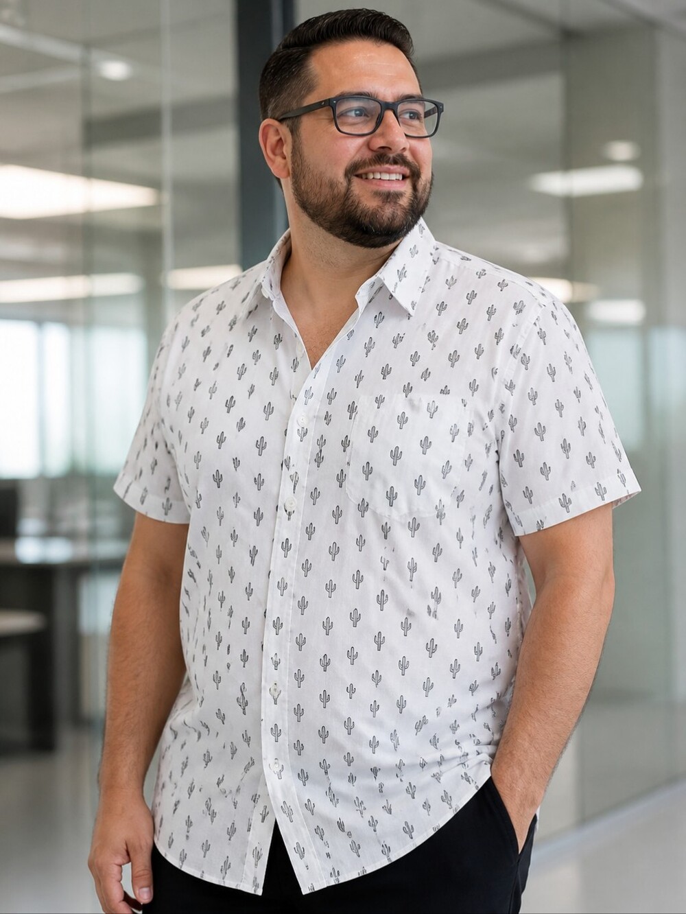 Big Men's 2XL Slim Fit White Short Sleeve Top Cactus Printed Button Down Shirt